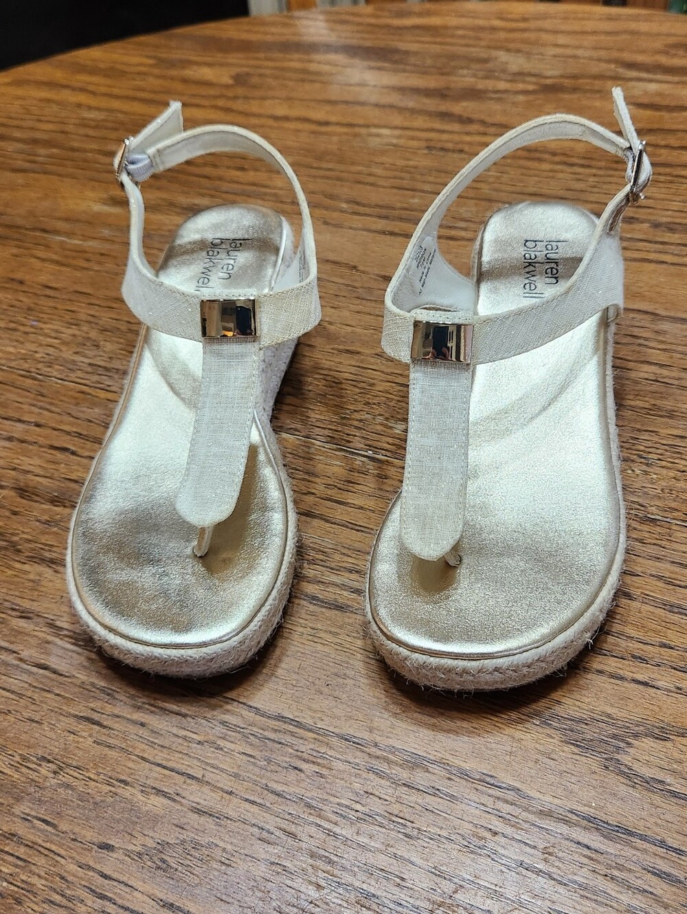 Lauren Blakwell Gold Metallic T-Strap Sandals Size 7.5